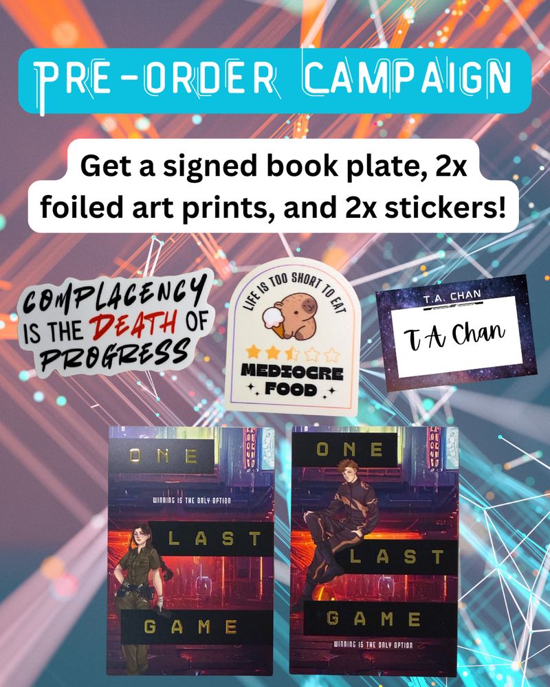 Two novellas with a woman and a man on the cover respectively. May also include an art print, sticker, and a signed bookplate