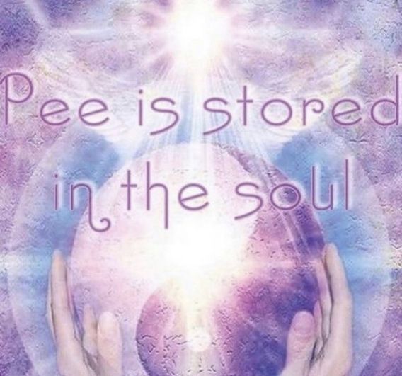 "Pee is stored in the soul" text on a purple/blue-ish background with hands holding a glowing orb.
