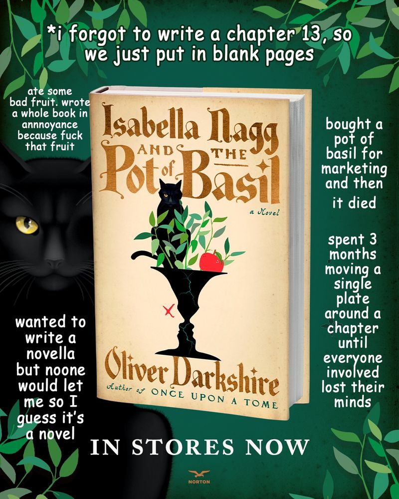 The cover for Isabella Nagg and the Pot of Basil by Oliver Darkshire, alongside a bunch of facts such as the fact I bought and cultivated a pot of basil to use in marketing and then it DIED on me. what an omen. 
