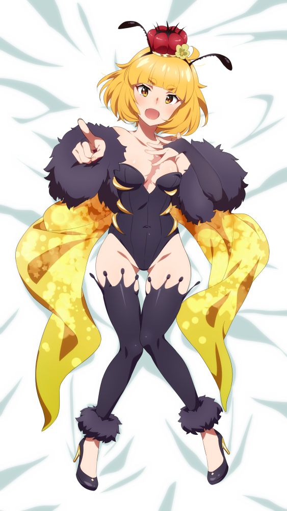 Dakimakura design of Bee in full Queen Bee outfit pointing up confidently toward the viewer laying on a white sheet.