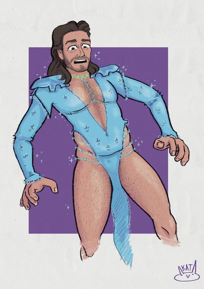 Gale from Baldurs Gate 3, blushing as he’s dressed in the Wavemother outfit, exposing his waist and thighs. The dress is light blue with scales and ornaments. 