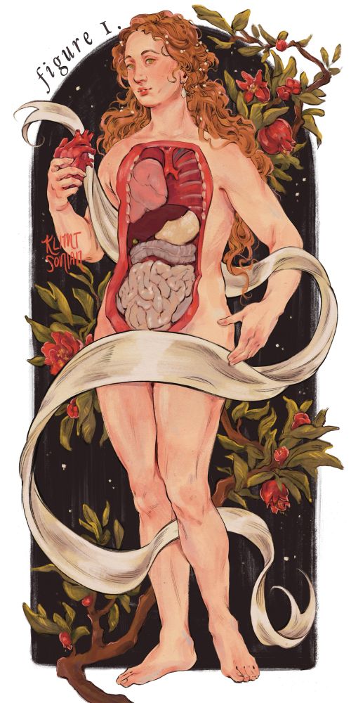 A painting of a figure posed as an anatomical Venus: her chest is open, revealing her organs, but there is no blood. She holds her heart up in her right hand. She has light skin and long, curly ginger hair decorated with pearls. She stands against a black arch background, with a pomegranate tree growing behind her. A white piece of fabric winds around her body. Black text at the top left of the arch reads “Figure I.”