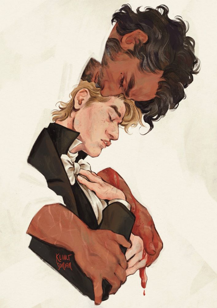 Painting of two figures, both original characters, in an embrace. A smaller, blonde man with light skin and freckles is enveloped from behind in the arms of a larger man, with tan skin, curly dark hair with gray in it, and a beard. Blood on the larger man’s hand drips down to where it holds the smaller man’s, so they are both bloodied. The smaller man is wearing regency-era clothing: a white shirt, white stock tied in a bow, black waistcoat, and black coat. The larger man wears a loose white shirt with the sleeves rolled to expose his forearms, and which blends into the background of the painting.