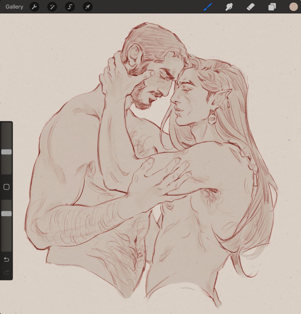 A sketch of Mizrak and Olrox from Castlevania Nocturne. The two are embracing closely, foreheads touching, with Olrox’s hand raised to Mizrak’s face and Mizrak’s hand resting on Olrox’s upper arm. They are drawn from the waist up, and appear nude.
