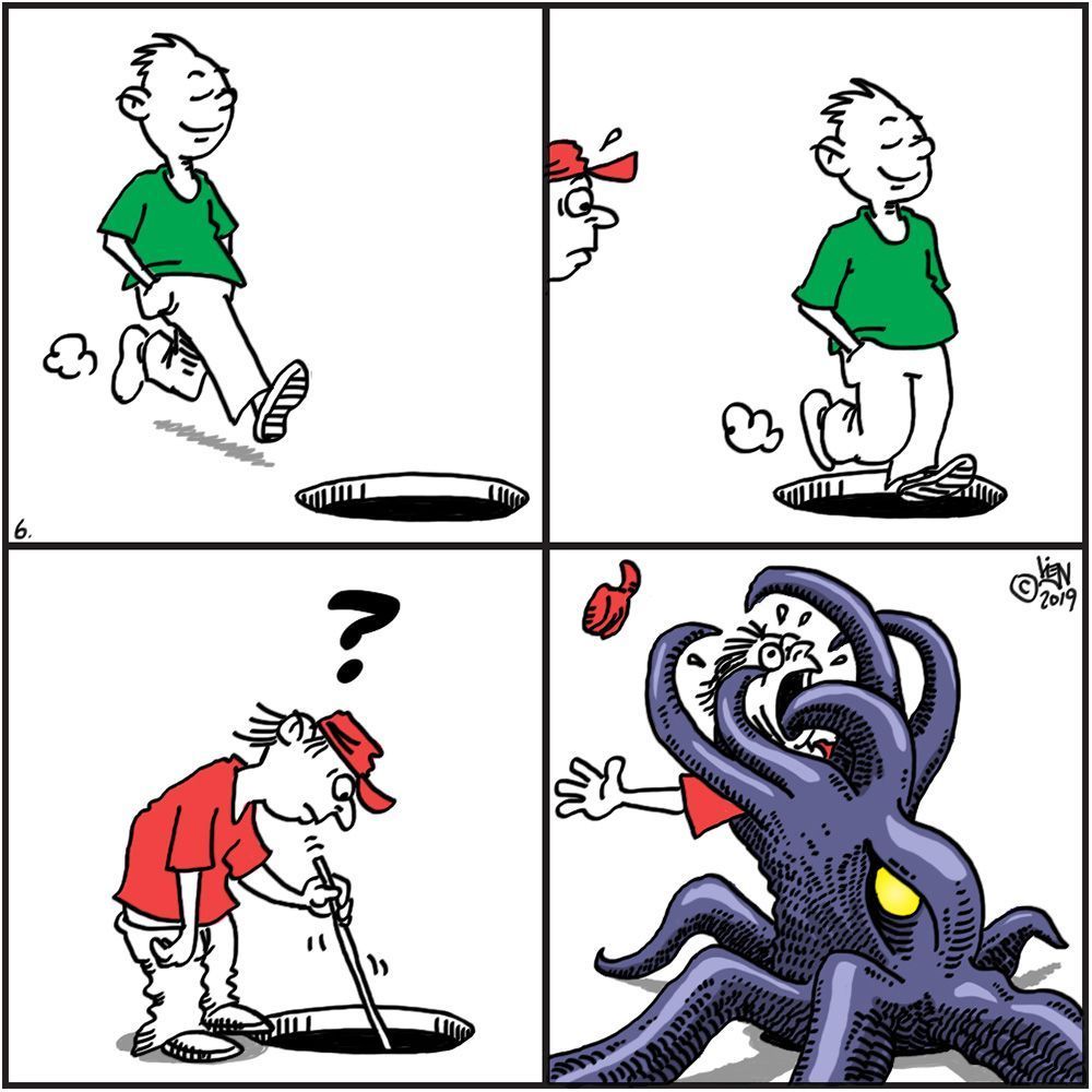 Panel 1:
A man in a green shirt confidently walks toward an open manhole.

Panel 2:
He casually walks over the hole without falling in, seemingly unaware of it.

Panel 3:
Another man in a red shirt and cap approaches the same manhole, puzzled, and pokes into it with a stick. A question mark floats above his head.

Panel 4:
Suddenly, a huge purple tentacled monster bursts out of the manhole and grabs him. His cap flies off in shock as he screams.