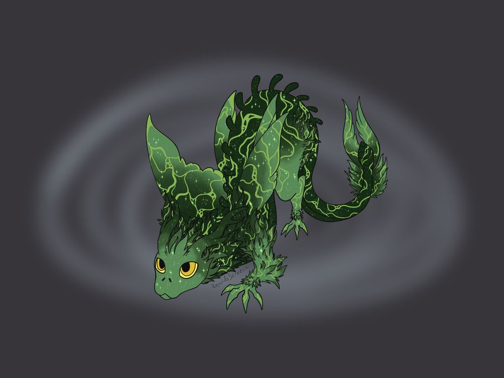 A green aether with its chest pressed against the ground similar to a dog play pose 