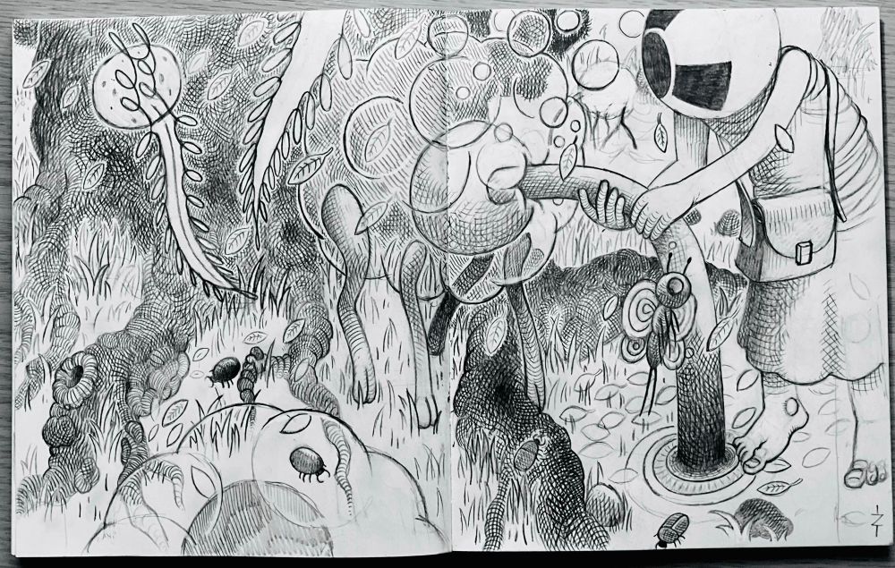 Pencil drawing of a shepherd in a robe with a round head that has a nuclear symbol on it.the shepherd is attending to a sheep that is transparent and has a feeding tube which goes into the ground.in the background is a large tree.