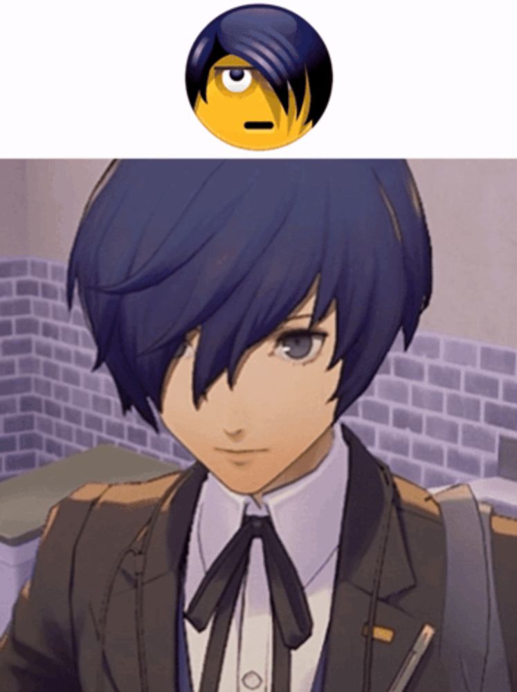 a man with blue hair and a yellow smiley face above him