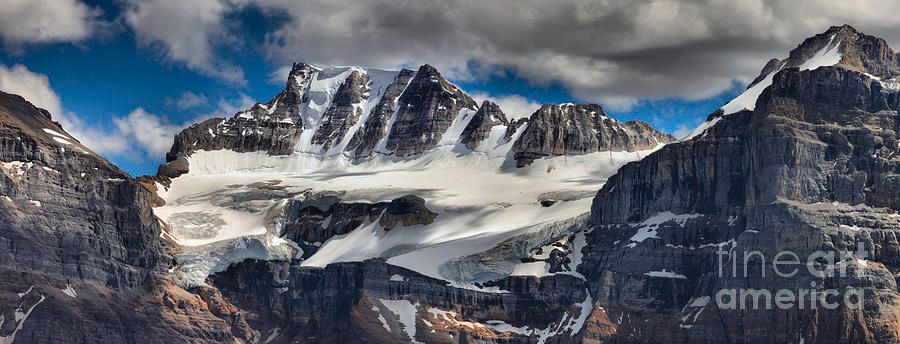 A panoramic view of Fay Glacier along the Sentinal Pass trail in the Moraine Lake area of Banff National Park in Alberta, Canada 🇨🇦 Photo by Adam Jewell.  Buy prints, puzzles, fleece blankets and more at https://adamjewell.com/featured/fay-glacier-summer-panorama-adam-jewell.html