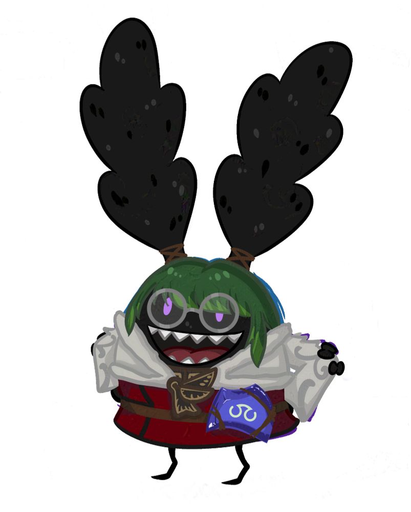 A rough doodle of the Warrior of Light Tomo drawn as a squat little silly spriggan. It has her hair, accessories, eye color, and gear. Instead of a basic rock tied at her hip, she has a Scholar soul crystal!