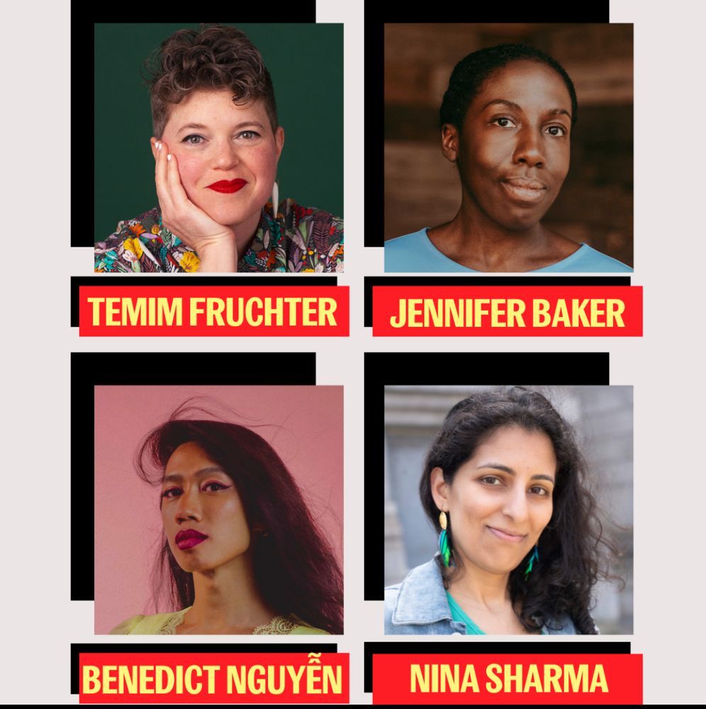 Author photos of Temim Fruchter, Jennifer Baker, Benedict Nguyễn, and Nina Sharma