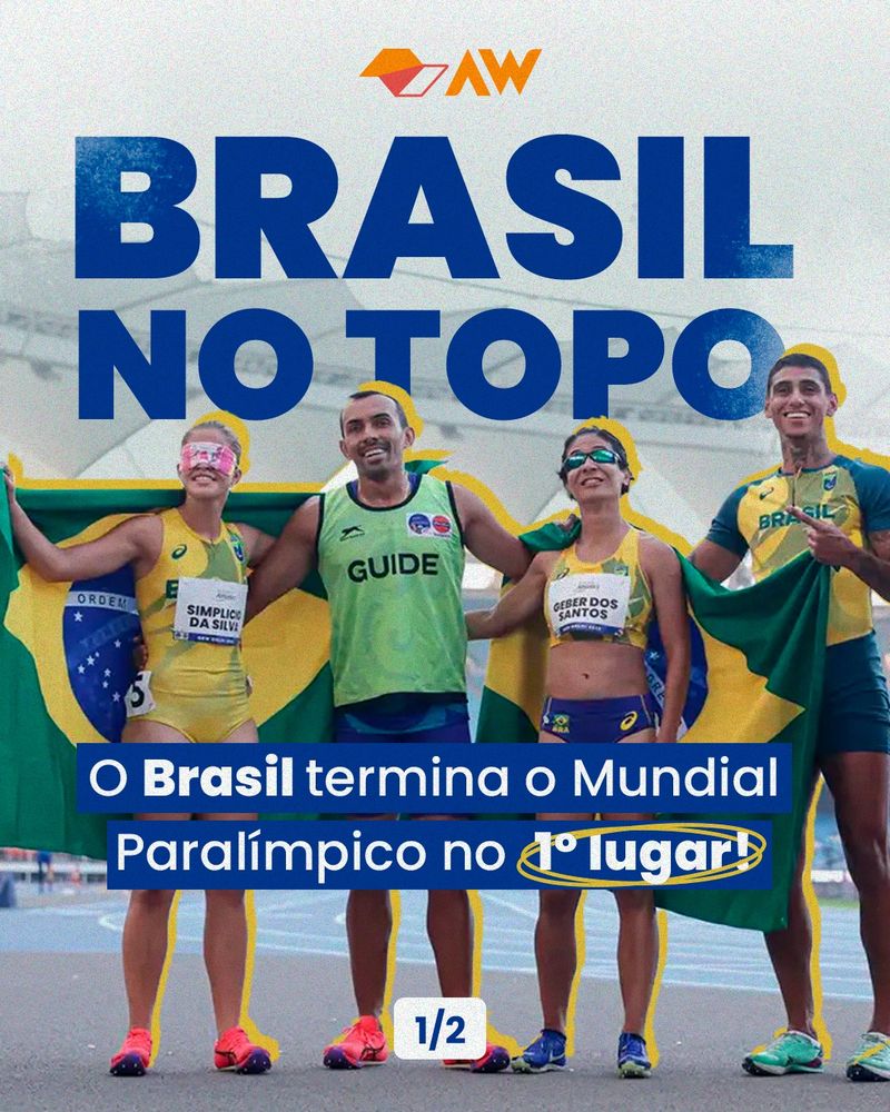 A arte tem a foto de 2 atletas paralímpicas e seus atletas guias (da esquerda para a direita: atletas Thalita Simplício e Jerusa Geber com seus atletas guias Felipe Veloso e Gabriel dos Santos), todos com uniformes e segurando 2 bandeiras do Brasil grandes. No topo, centralizado, o logo do estado de São Paulo e da Deputada Andréa Werner estilizados em laranja. No centro da imagem, o título escrito em branco com fundo azul “O Brasil termina o Mundial Paralímpico no 1º lugar!”. Centralizado na parte de baixo, a indicação “1/2”.