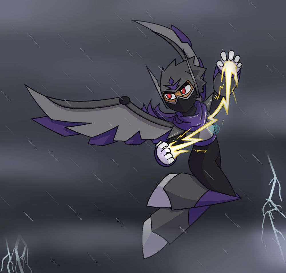 Storm Man prepares a lightning bolt attack in his hands while flying through a storm he created.