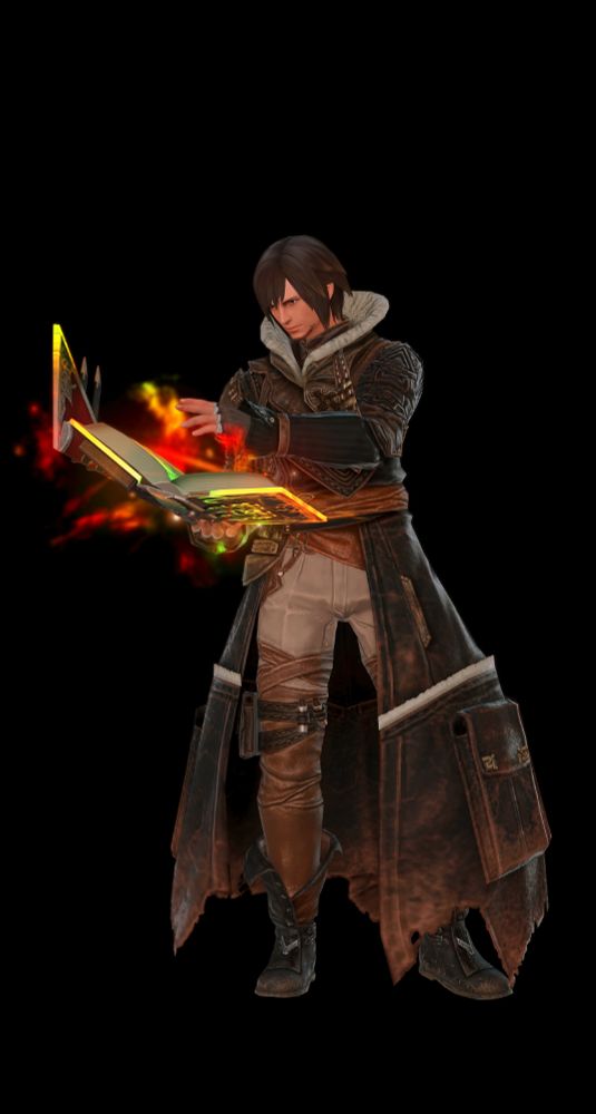 Weapon: Majestic Manderville Codex Replica
Body: Bozjan Coat of Healing (Jet Black)
Hands: Hyuran Gloves (Loam Brown)
Legs: Bozjan Trousers of Healing
Feet: Bozjan Boots of Healing