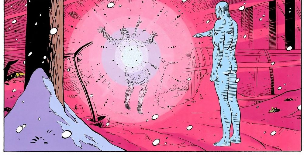 Comic panel of a naked guy (maybe the silver surfer) vapourizing another guy in a snowy environment.
