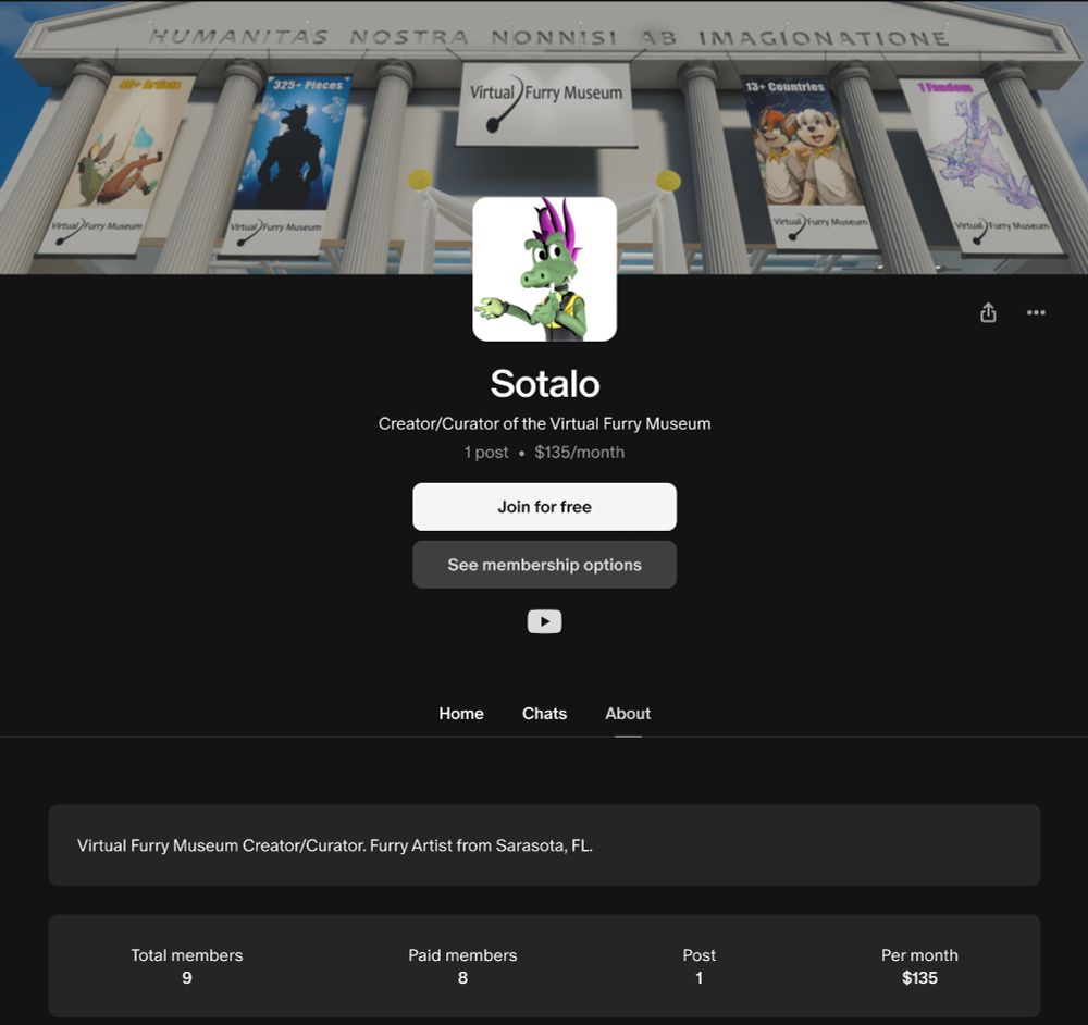 Sotalo
Creator/Curator of the Virtual Furry Museum
1 post $135/month
Virtual Furry Museum Creator/Curator. Furry Artist from Sarasota, FL.
Total members 9
Paid members 8
Post 1
Per month $135