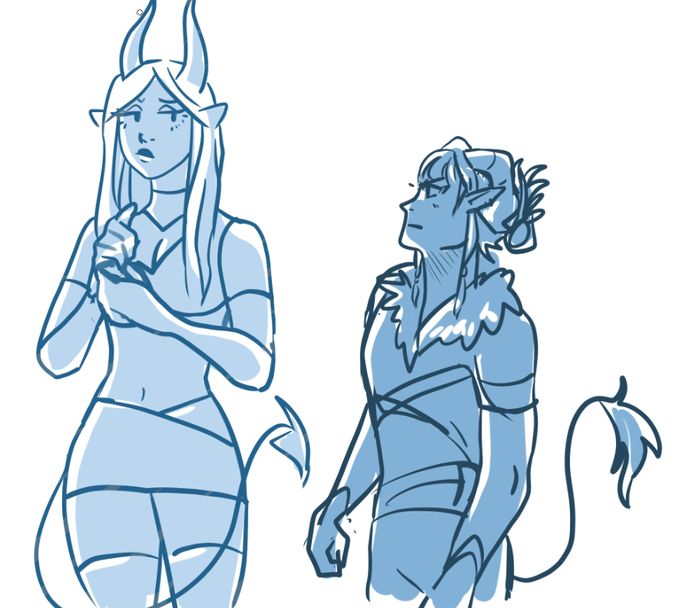 tall girl tiefling (ursa) and a shorter little dude (thal) next to her looking up like that one short king meme that circulated awhile back
