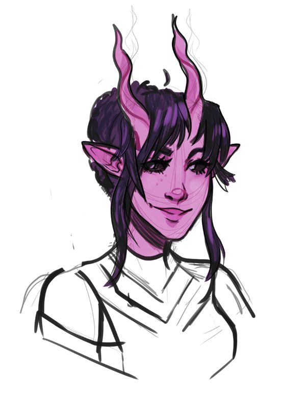 pink tiefling with fun markhor inspired horns and purple hair! (June)