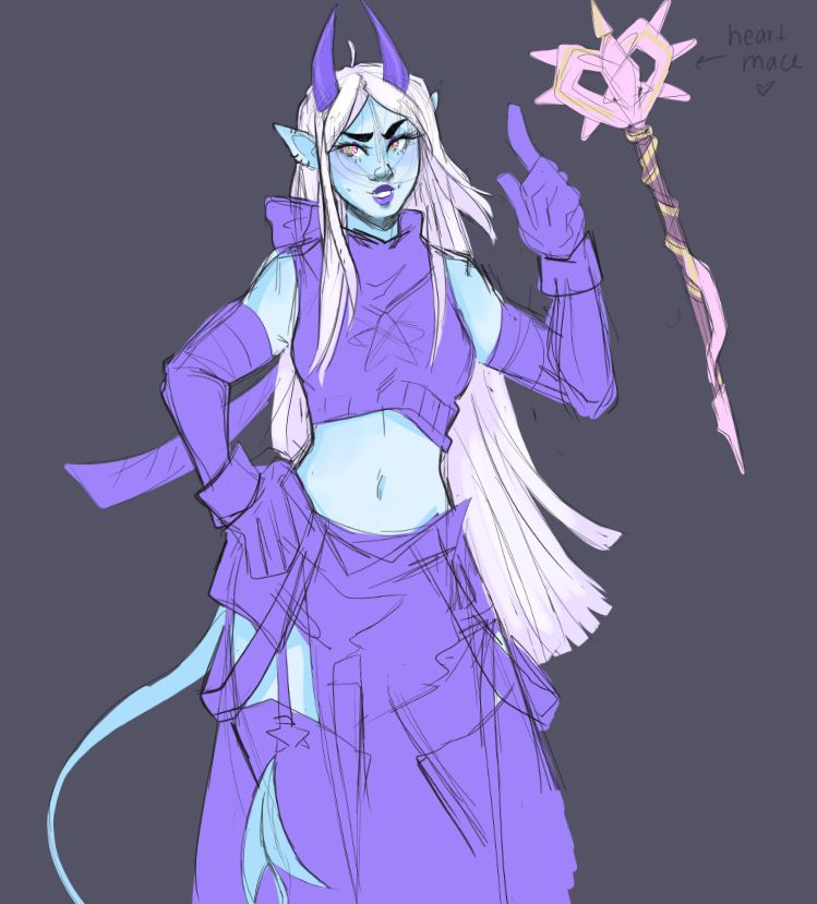 blue tiefling with a mace that looks like a heart from all sides! cant fight crime if you ain't cute. her outfit is currently just blocked out