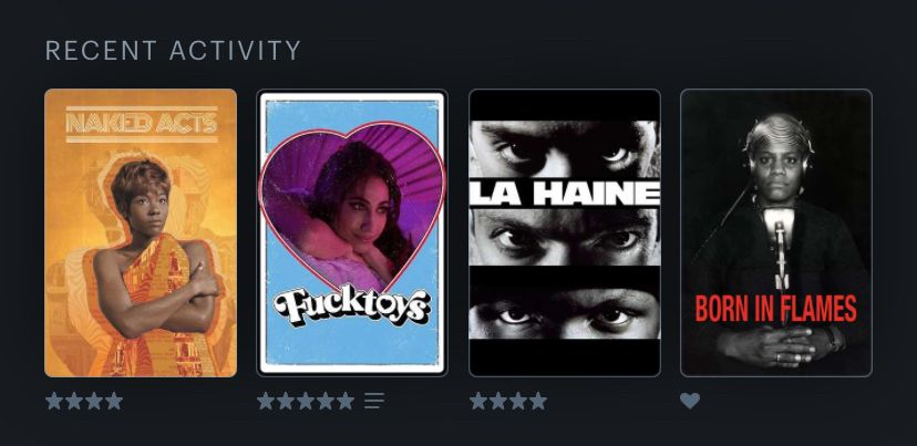 Last four films watched on Letterboxd: Naked Acts (1996), Fucktoys (2025), La Haine (1995), Born in Flames (1983)