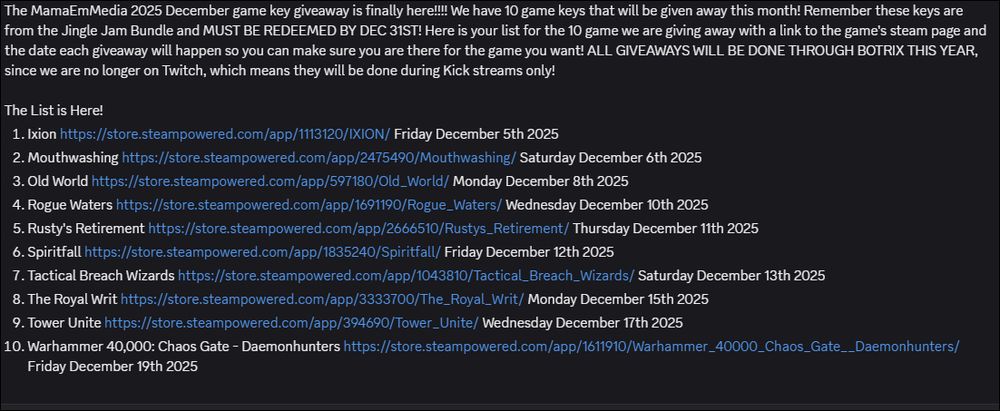 Mila Marx Giveaway game list and schedule