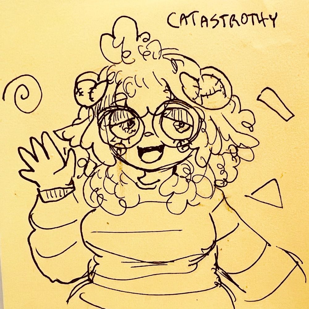 illustration of a sheep puppet waving at the viewer and smiling. it is in a sketchy art style with a yellow background 