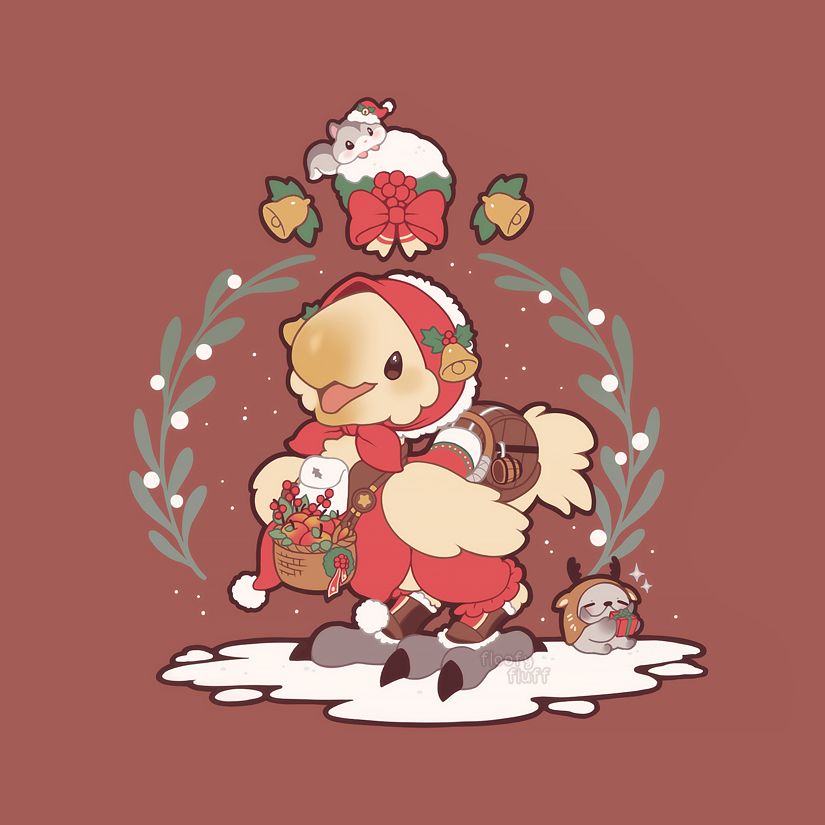An illustration of a yellow chocobo dressed in Christmas-themed barding against a dark red background. It is happily kweh-ing surrounded by mistletoe and standing on a pile of snow, a basket full of apples hanging from its neck. It is wearing a red and white hat with bells on the side of its head, and is carrying a barrel of mulled wine on its back. On top of it, a round Christmas decoration with a big red bow on it, sided by two bells and ridden on by a small squirrel with a Santa hat. Beside it, a tiny yeti is wearing reindeer horns and is delighted to be holding a teeny gift.