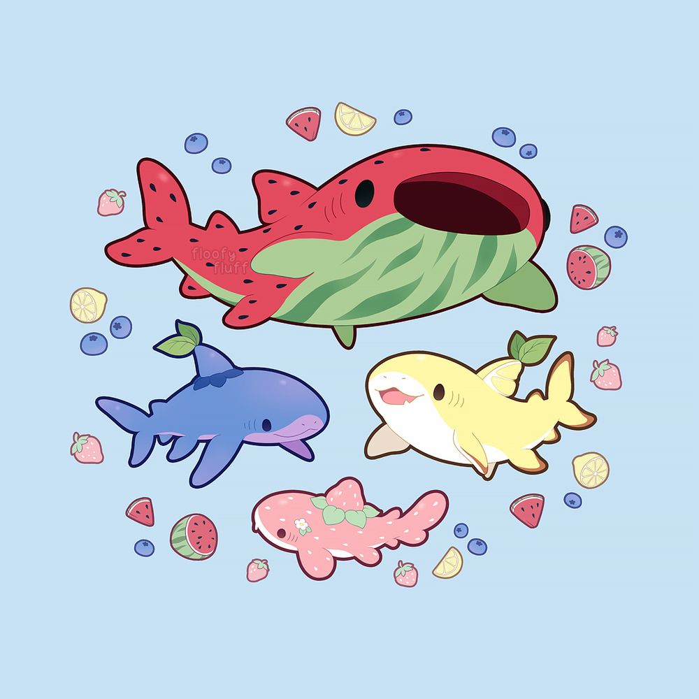 An image with several illustrations of fruit sharks surrounded by little fruits. On the top, Walter the watermelon whale shark, with a red body and a green underbelly. On the left, Bobby the blueberry shark with a blue top and a purple belly. On the right, Linus the lemon shark smiles with a little tooth peeking out. At the bottom, Saga the strawberry shark shows her soft pink strawberry dorsal fin and body. They are all happily swimming against a soft blue background. What a refreshing fruit salad!