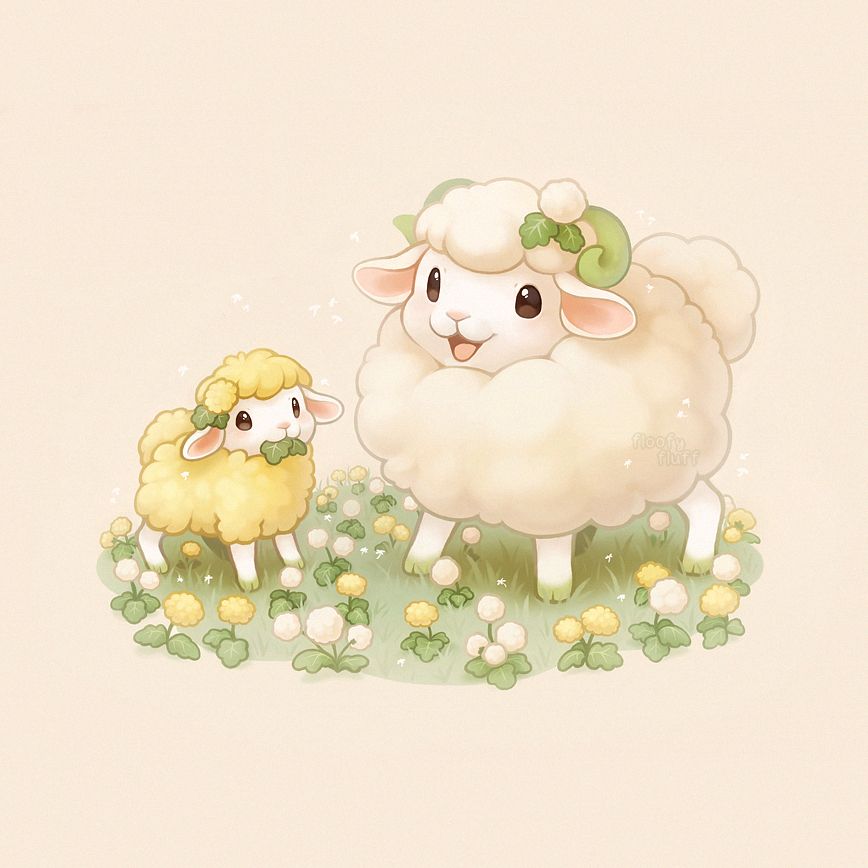 An illustration of two dandelion sheep on a field of dandelion flowers. The sheep on the right is larger, and full of white fluff like a mature dandelion. Her horns are a soft green, much like her hooves, and she is smiling widely. Her son, the smaller lamb to the left, is yellow, like blooming dandelions. He is munching on some dandelion leaves, fresh and crunchy, enjoying the view of dandelion seedlings fluttering by!