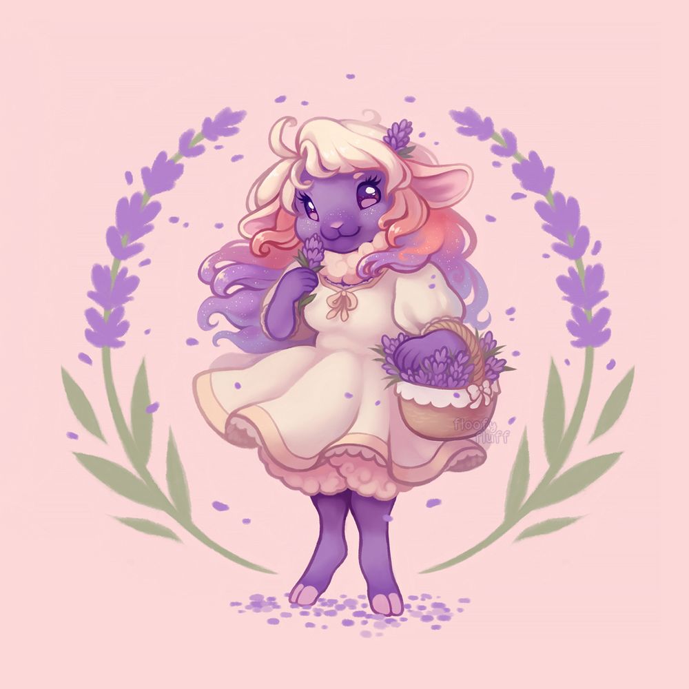 An illustration of a lavender-coloured sheep fursona, wearing a cream  coloured dress and standing under two lavender flowers on a soft pink background. She is smiling, holding a basket filled with lavender on one arm and bringing one of those flowers to her nose with the other. She has curly hair that fades from cream to orange to soft purple, much like the very curly wool on her legs.
