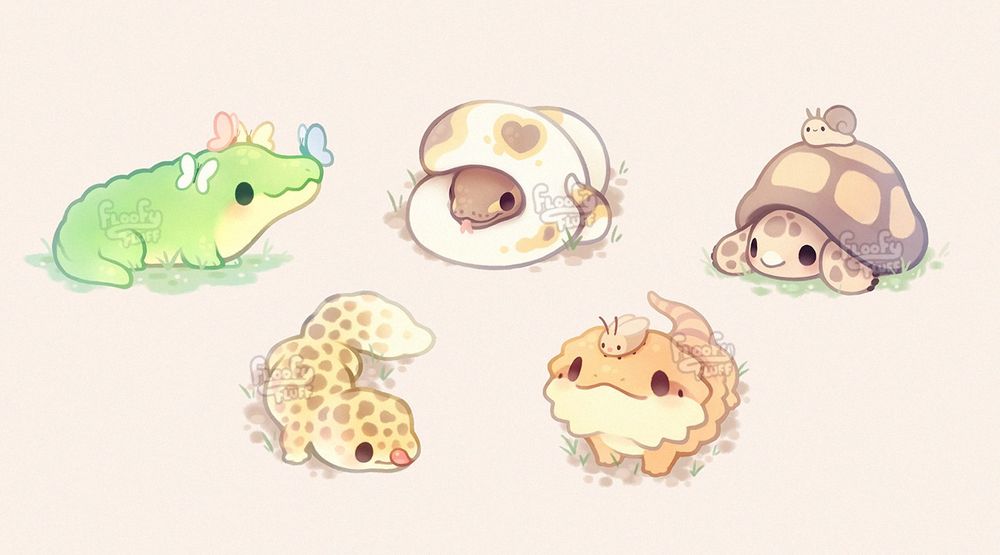 An image with five illustrations of five different reptiles. On the top left, a green crocodile with some butterflies hanging out on its head. On the top middle, a ball python curled into itself and peeking, its tongue out playfully. One of its markings is heart shaped. On the top right, a brown tortoise peeks from under its shell with a snail on top of it. On the bottom left, a yellow leopard gecko with brown spots has its tongue peeking out as it crawls around. On the bottom right, an orange bearded dragon is looking up at a little cockroach sitting on its head.