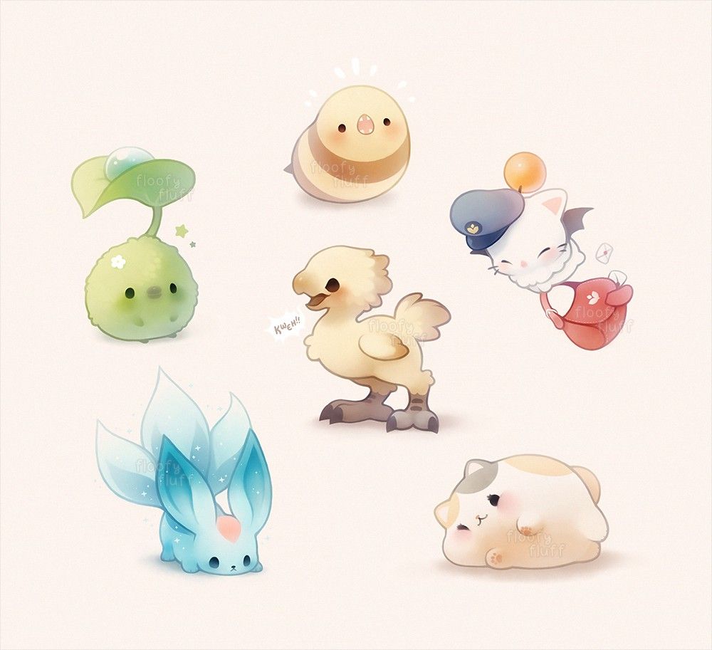 An image containing six illustrations featuring several Final Fantasy 14 pets and minions. These illustrations are arranged in a circular formation, with one illustration in the centre. From the top and going clockwise: a Great Serpent of Ronka, a post moogle carrying a red post bag, a Fat Cat loafing on its side and winking, an emerald Carbuncle with its tail and ears up, a green Korpokkur. In the middle, a yellow chocobo kweh!-ing.