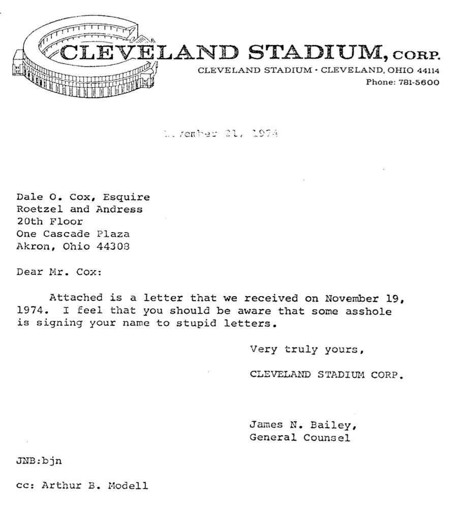 Dear Mr. Cox:
Attached is a letter we received on November 19, 1974. I feel that you should be aware that some asshole is signing your name to stupid letters.

Very truly yours, etc.



