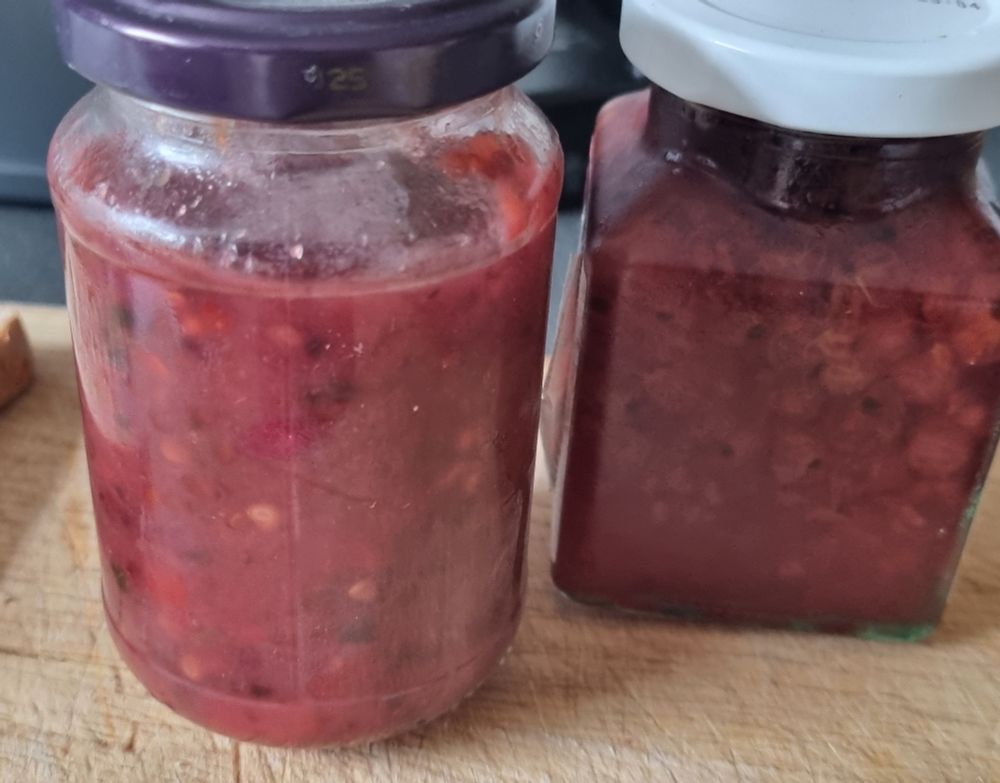 Two jam jars full of red currant jam.