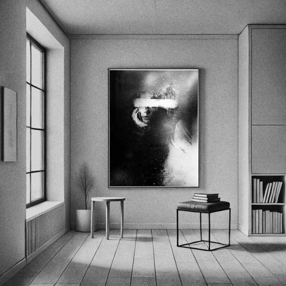 Big frame with my art (no AI) hanging on a wall of an AI generated scandi / minimal intern.

