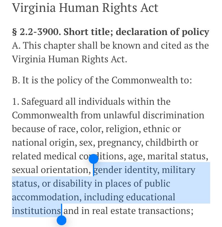 Text of the Virginia Human Rights Act that includes protections on account of gender identity.