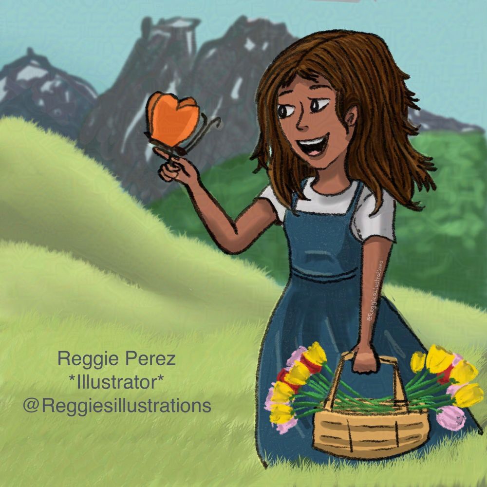 A girl with a basket of flowers in a field, a butterfly landing on her finger. 