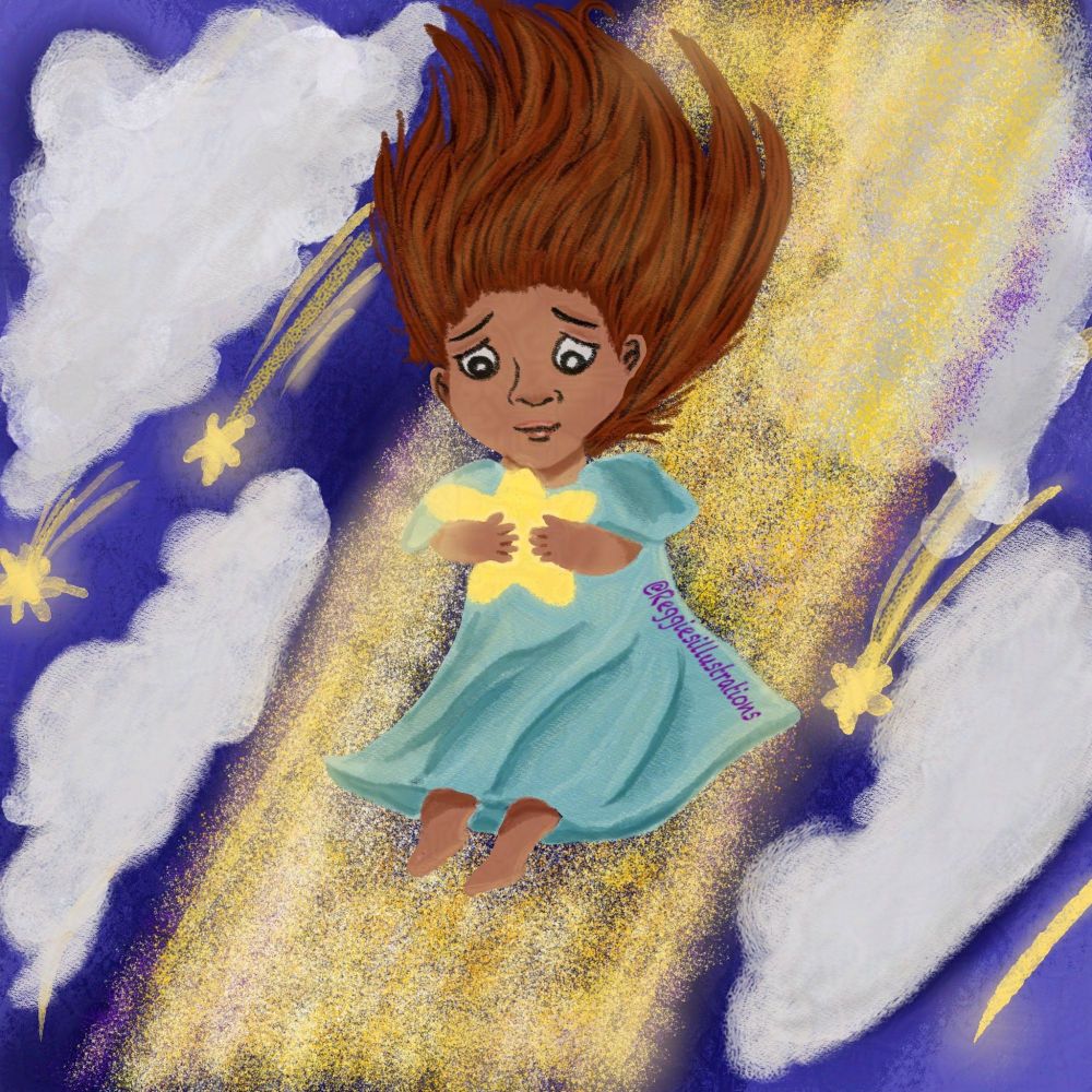 Girl sliding down the sky holding onto a star
