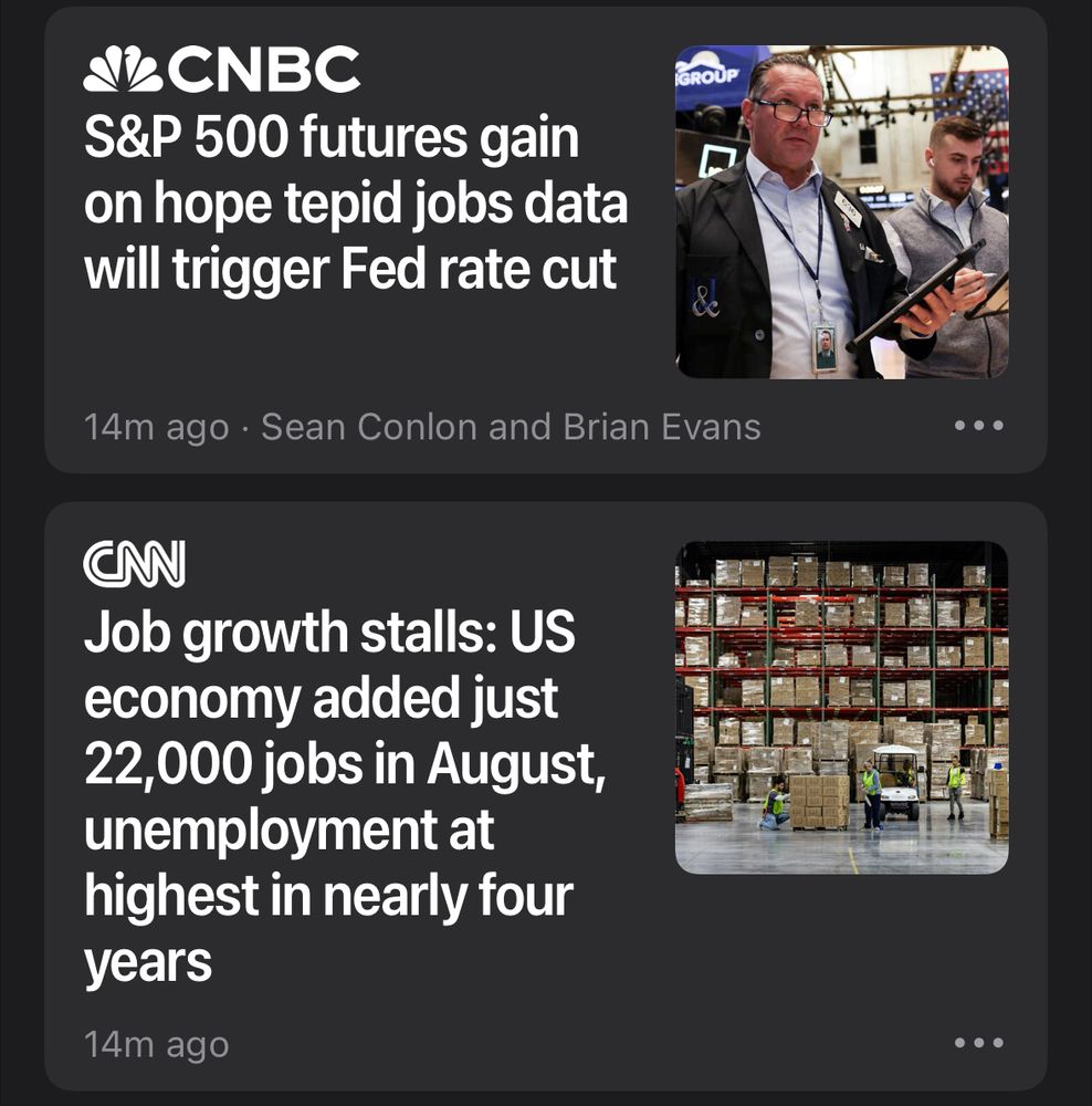 The image shows two headlines:

S&P futures gain on hope tepid jobs data will trigger Fed rate cut

Job growth stalls: US economy added just 22,000 jobs in August, unemployment at highest in nearly four years
