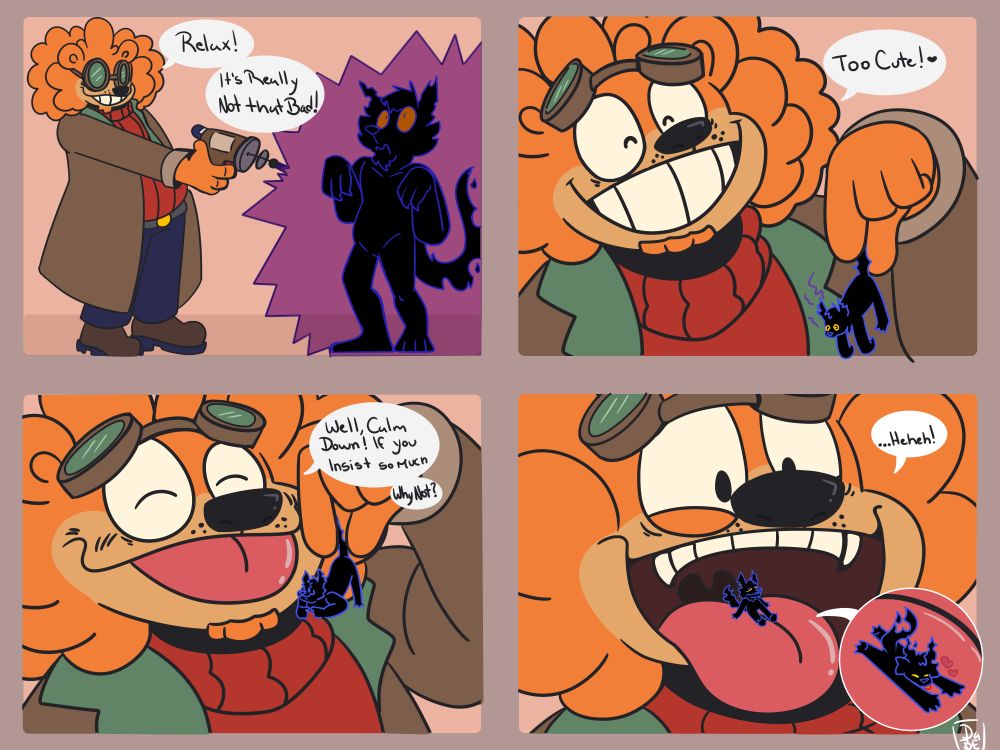 Sully shrinks Mort with a reducing beam, turning him into a micro, Mort asks Sully to put it on his tongue and Sully cordially agrees, Mort adores the view and kisses Sully's tongue while Sully is happy to fulfill his client's wishes 