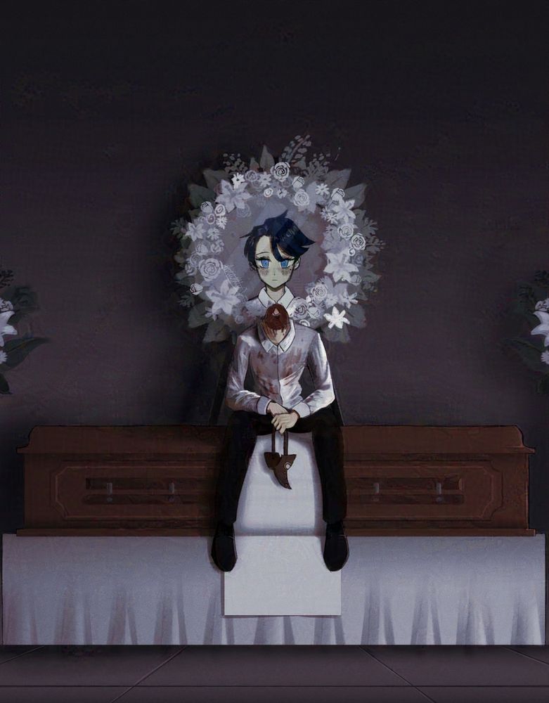 Illustration of original character Adrien holding a bird mask and sitting on top of a coffin. Their body itself lost its head, but behind them is an image of their face in a white flower wreath. The drawing is dark and moody with a sketchier render.