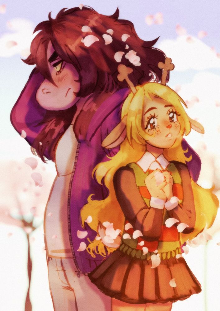 susie and noelle from deltarune. noelle is crossing her hands, looking at the camera while susie is in the back sideways, scratching her head. in front of them are flower petals.