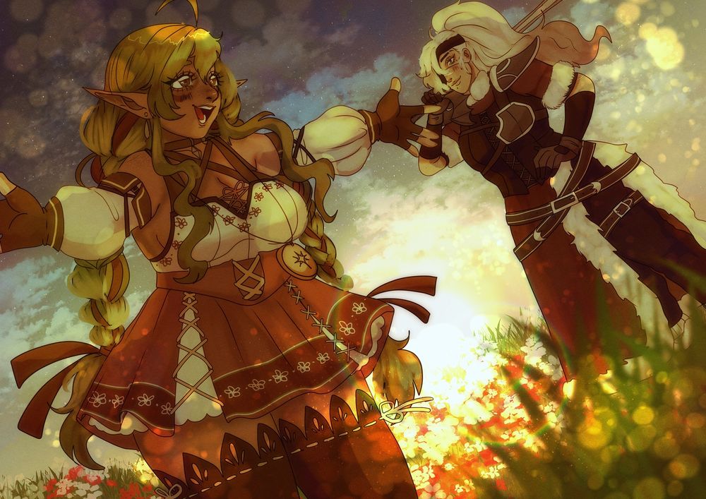 My characters Juno and Nova on a flower field. There is a sunset in the background. Juno is spinning, her arms open while Nova is watching her. 
