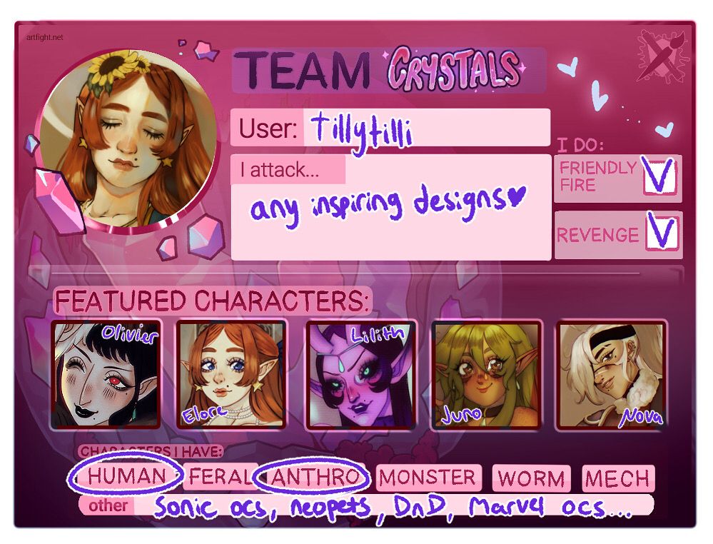 artfight card, featuring my ocs. 