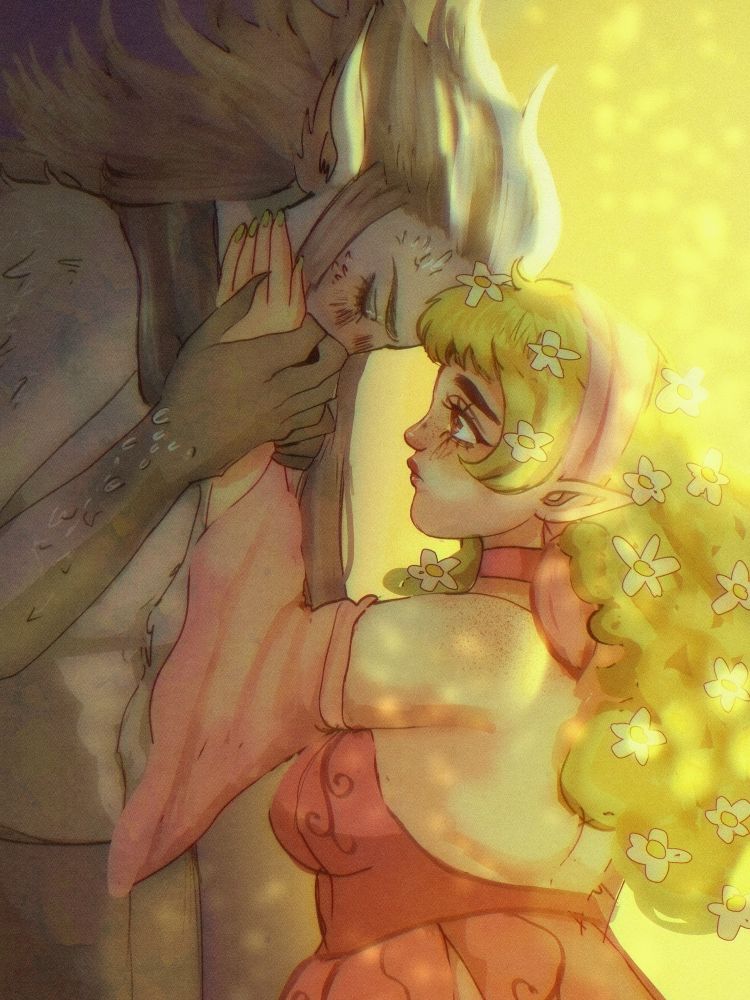 Two characters, Rhys and Deirdre, standing in a sunlit room. Rhys is holding Deirdre’s hand to his face and has a tender expression on his face. Deirdre is looking at him a bit puzzled, but also very calmly. 