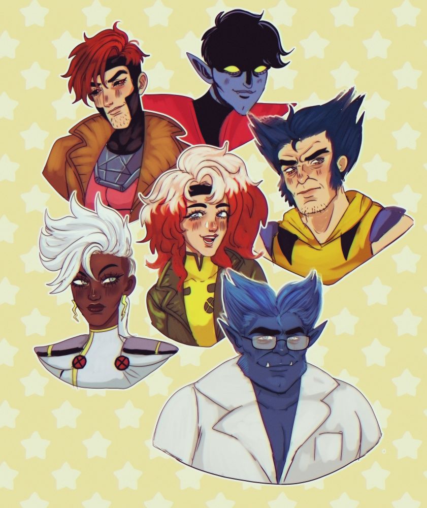 Bust drawings of following characters from X-men 97: Gambit, Nightcrawler, Wolverine, Rogue, Storm and Beast