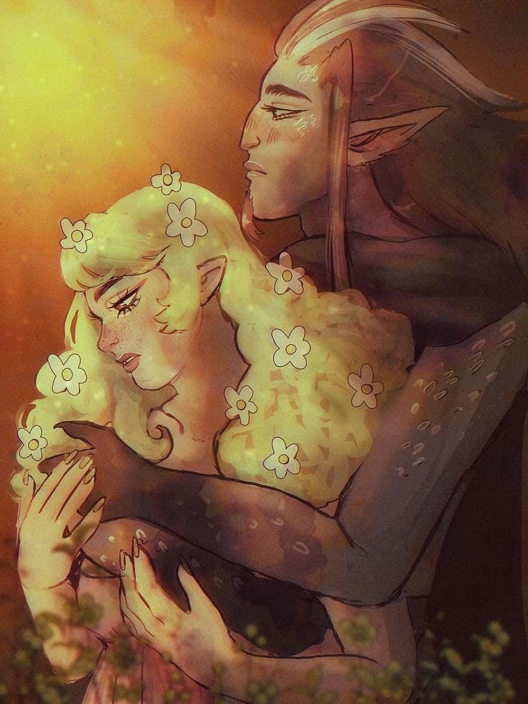 Deirdre and Rhys. Deirdre, the short lady with green hair is gazing longingly towards the flowers while Rhys, the tall one is holding her. His gaze is towards the sun.