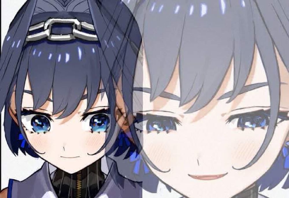 Kronii looking down, with a somewhat faded Kronii going "tee-hee" with a smug 