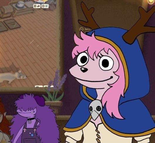 New png of a muppet Deer lady with a blue hood and pink hair

