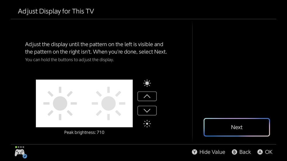 The HDR adjustment menu on Switch 2, with a Show/Hide Value button that enabled this text:
"Peak brightness: 710"